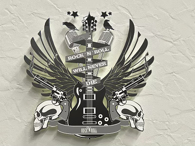Rock N Roll Logo Design Featuring Guitar Wings Skulls And Banner 3d model