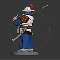 Traditional Warrior Statue In Blue Robe With Red Top Hat Holding Long Pole Weapon