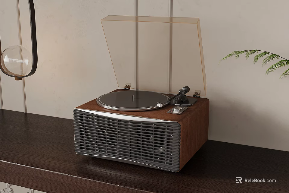 Vintage Turntable With Wooden Case Transparent Cover On Dark Wooden Table 3d model 