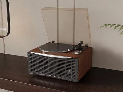 Vintage Turntable With Wooden Case Transparent Cover On Dark Wooden Table 3d model