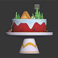 Festive Christmas Cake With White Frosting Red Base And Green Tree Decorations On Stand