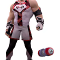 Game Movie Character in Red White Outfit With Wrist Guards and Shorts