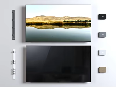 Two TVs With Scenic Mountain Reflection Black Screen And Remote Controls 3d model