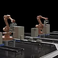 Industrial Robotic Arms Working On Automated Conveyor Belt Production Line