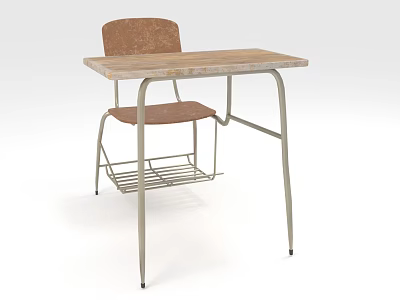 Wooden Desk With Brown Chair Metal Frame And Under Seat Wire Basket 3d model