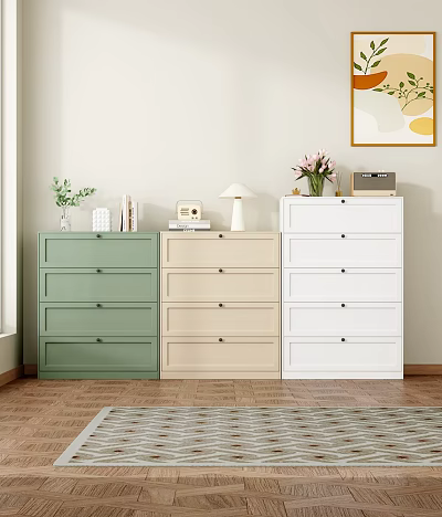 Three Colored Storage Drawer Cabinets With Decorative Vase Lamp Books And Radio In Modern Room 3d model