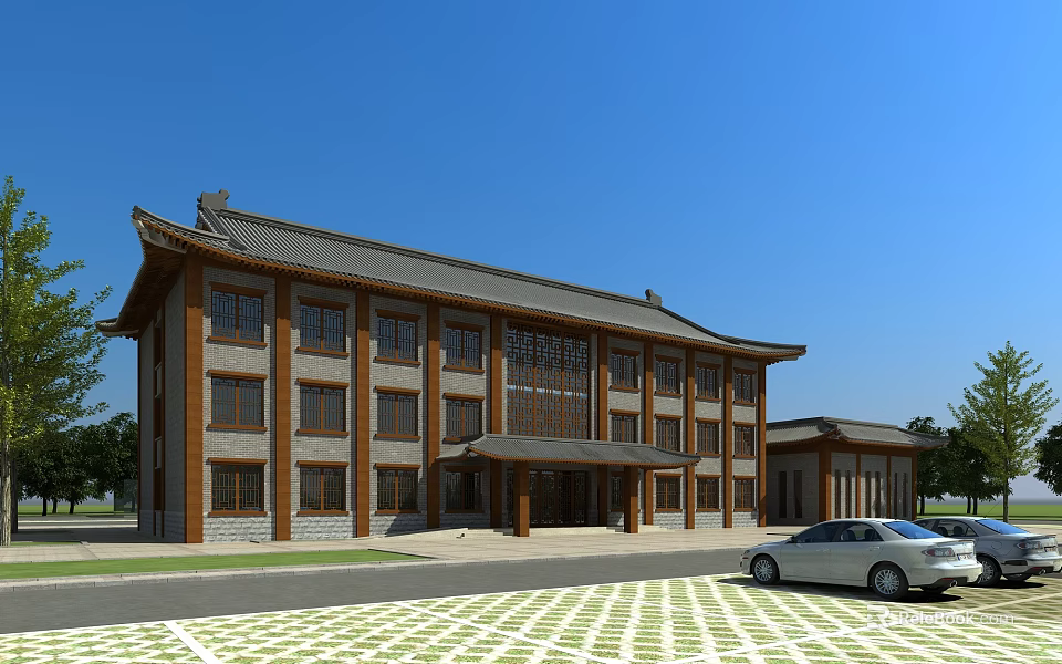 Chinese Style Office Building With Traditional Roof Brown Exterior Parking Lot Car And Blue Sky 3d model 