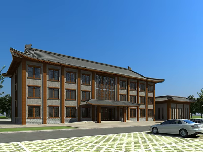 Chinese Style Office Building With Traditional Roof Brown Exterior Parking Lot Car And Blue Sky 3d model