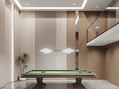 Basement Modern Interior Design With Billiard Table Wooden Panel Walls And Pendant Lighting 3d model