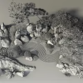 Japanese Zen Garden Themed Wall Decor with Stone Moss and Pine Tree Accents