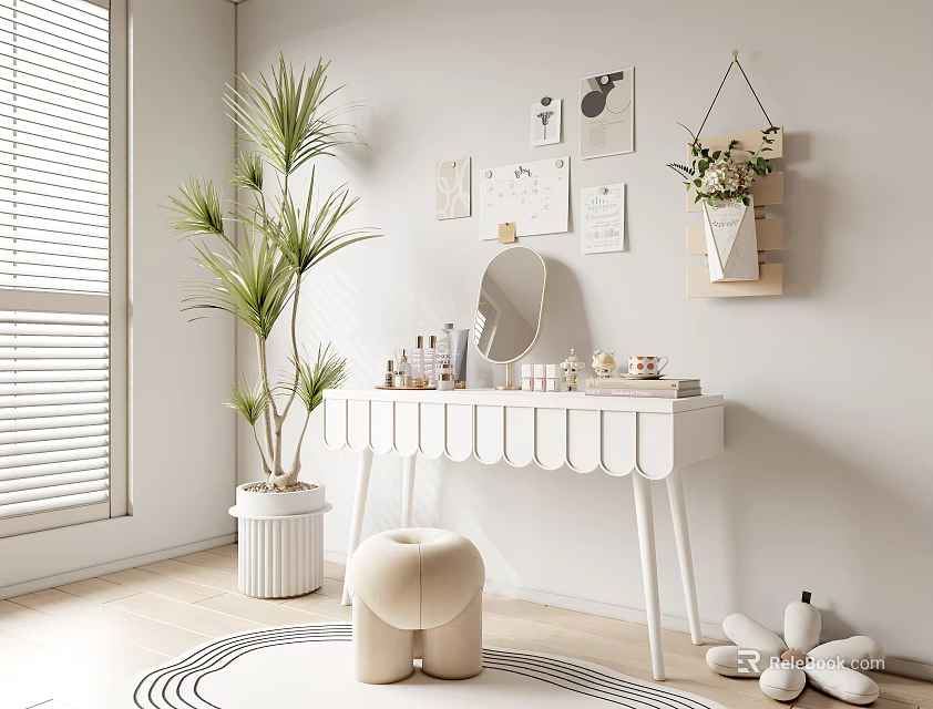 Modern Room Interior With White Dressing Table Mirror Cosmetics Green Plant And Decorations 3d model 