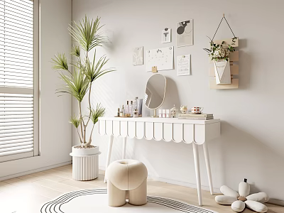 Modern Room Interior With White Dressing Table Mirror Cosmetics Green Plant And Decorations 3d model