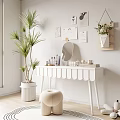 Modern Room Interior With White Dressing Table Mirror Cosmetics Green Plant And Decorations