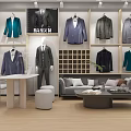 Modern Elegant Clothing Store With Suits Coats Display Racks Wooden Flooring Sofa Coffee Table