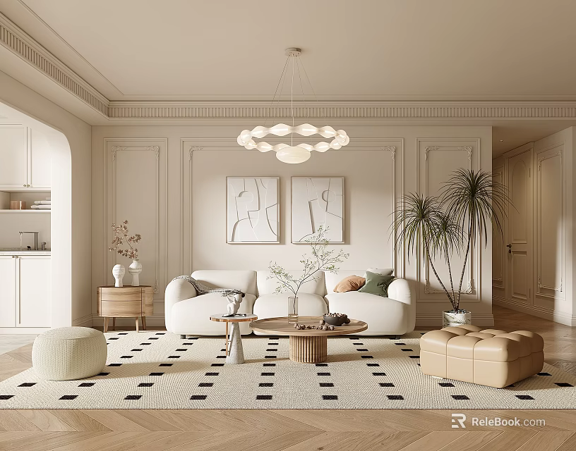 Modern Living Room Interior With Neutral Tones Chandelier Decorative Paintings Sofa Coffee Table And Rug 3d model 