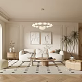 Modern Living Room Interior With Neutral Tones Chandelier Decorative Paintings Sofa Coffee Table And Rug