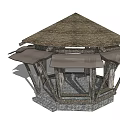 Outdoor Wooden Pavilion Featuring Thatch Roof Stone Base And Supporting Pillars