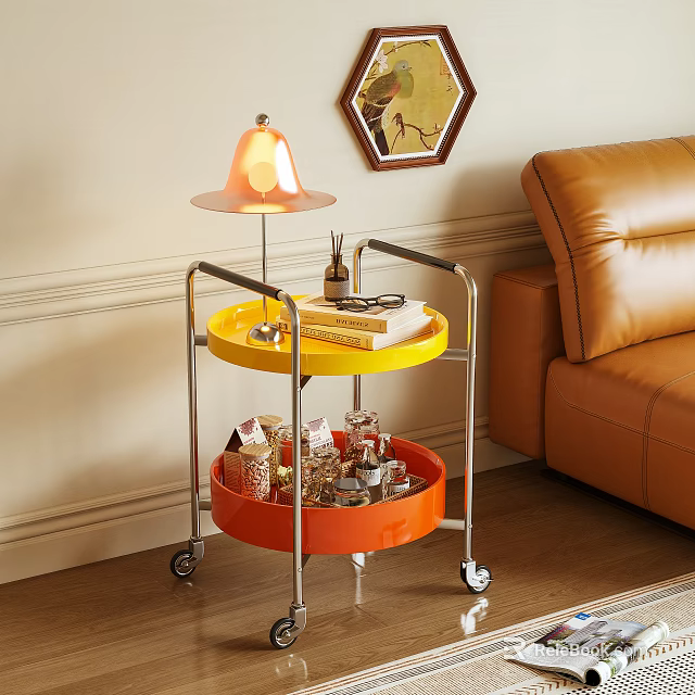 Stylish Rolling Cart With Two Tier Orange Yellow Trays Table Lamp Books And Leather Sofa 3d model 
