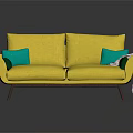 Modern Yellow Double Sofa With Green Cushions And Patterned Blanket On Armrest