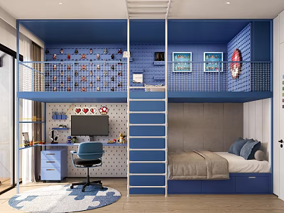 Blue Kids Room Interior With Bunk Bed Ladder Desk Chair And Wall Decorations 3d model