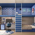 Blue Kids Room Interior With Bunk Bed Ladder Desk Chair And Wall Decorations