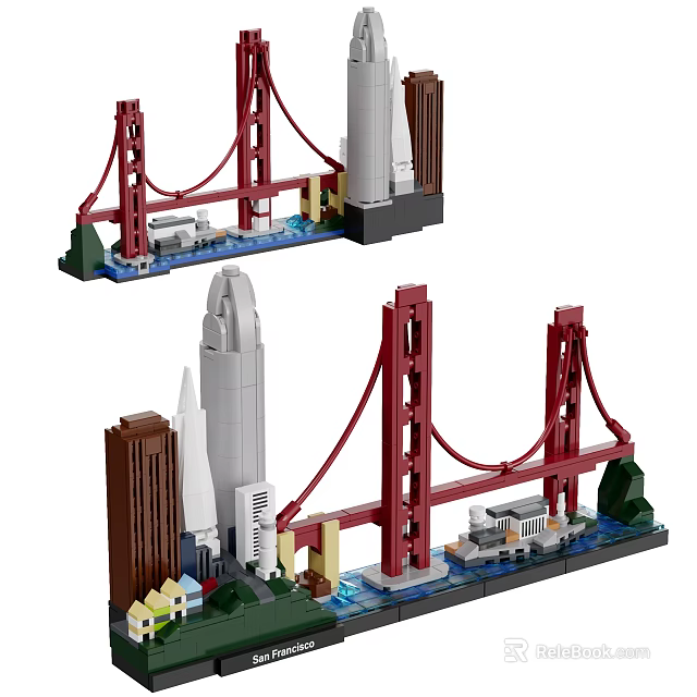 Building Blocks Construction Set With Red Bridge Skyscraper And Rocket Models 3d model