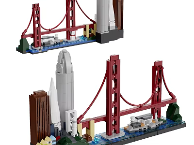 Building Blocks Construction Set With Red Bridge Skyscraper And Rocket Models 3d model