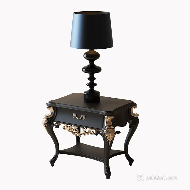 Elegant Black Nightstand With Gold Accents Ornate Legs And Decorative Lamp 3d model 