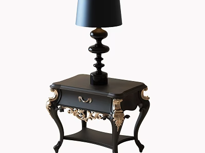 Elegant Black Nightstand With Gold Accents Ornate Legs And Decorative Lamp 3d model