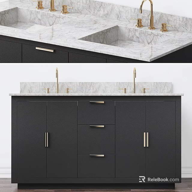Modern Bathroom Vanity With Marble Countertop Black Cabinets And Gold Faucets 3d model 
