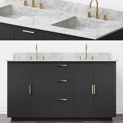 Modern Bathroom Vanity With Marble Countertop Black Cabinets And Gold Faucets 3d model