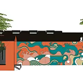 Art Museum Exterior Design With Colorful Wave Mural Orange Wall And Black Roof