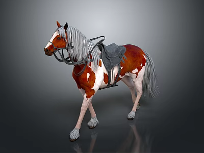 Realistic Brown And White Horse With Saddle And Bridle On Gray Background 3d model