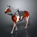 Realistic Brown And White Horse With Saddle And Bridle On Gray Background