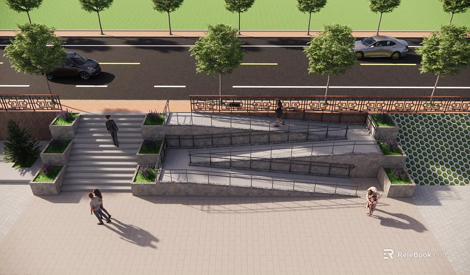 Urban Street Sidewalk With Steps Wheelchair Ramp Trees And Pedestrians 3d model 