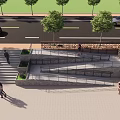 Urban Street Sidewalk With Steps Wheelchair Ramp Trees And Pedestrians