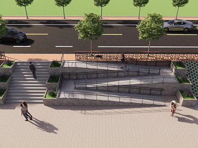 Urban Street Sidewalk With Steps Wheelchair Ramp Trees And Pedestrians 3d model