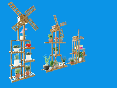 Wooden Windmill Shaped Shelving Units Displaying Potted Plants On Blue Background 3d model