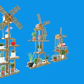 Wooden Windmill Shaped Shelving Units Displaying Potted Plants On Blue Background