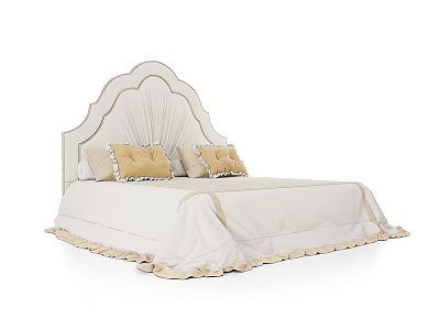 Elegant Double Bed with Arched Headboard and Beige Yellow Pillows Cream Frilled Bedspread 3d model