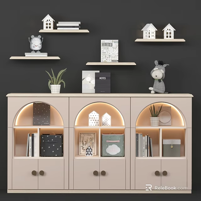 Cozy Children's Bed with Shelves House Shaped Decor Toys and Lit Storage Cabinet 3d model 