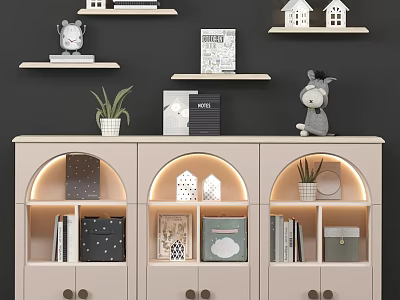 Cozy Children's Bed with Shelves House Shaped Decor Toys and Lit Storage Cabinet 3d model