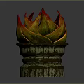 Carved Red And Yellow Petal Shaped Sculpture With Ornate Aged Metallic Pedestal