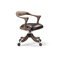 Modern Office Chair Featuring Leather Seat Curved Wooden Walnut Armrests And Five Star Base Casters