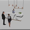 Modern White And Black Marble Reception Desk With Receptionist Visitors Hanging Lights And Potted Plant