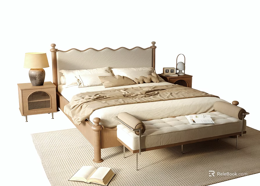 Modern Wooden Double Bed with Nightstand Table Lamp Bench and Area Rug 3d model 