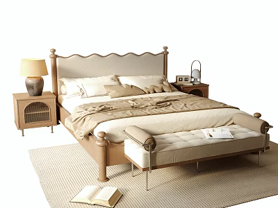 Modern Wooden Double Bed with Nightstand Table Lamp Bench and Area Rug 3d model