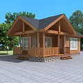 Wooden House With Black Roof Porch Railings Stone Base Windows And Trees