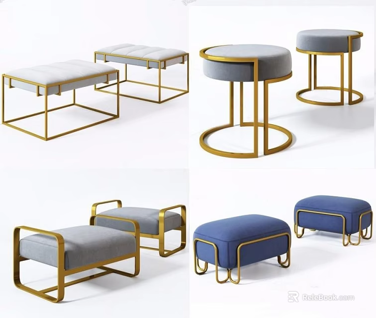 Modern Sofa Stools With Metal Legs Round And Square Designs Grey Blue Upholstery 3d model 