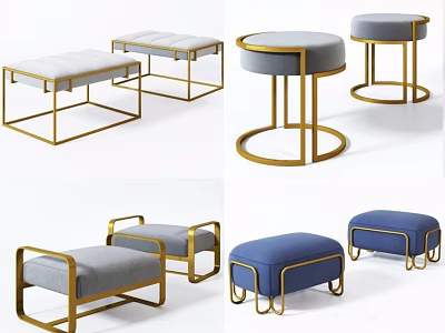 Modern Sofa Stools With Metal Legs Round And Square Designs Grey Blue Upholstery 3d model